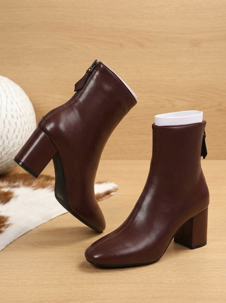 Women's Faux Leather Block Heel Zip-Up Ankle Boots - Brown