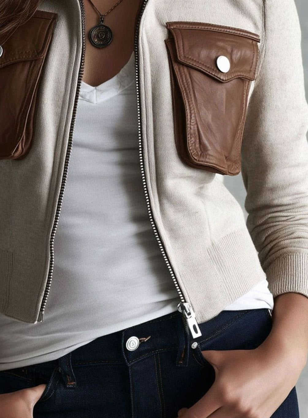 Women's Faux Leather Collar Knit Moto Jacket Western Retro