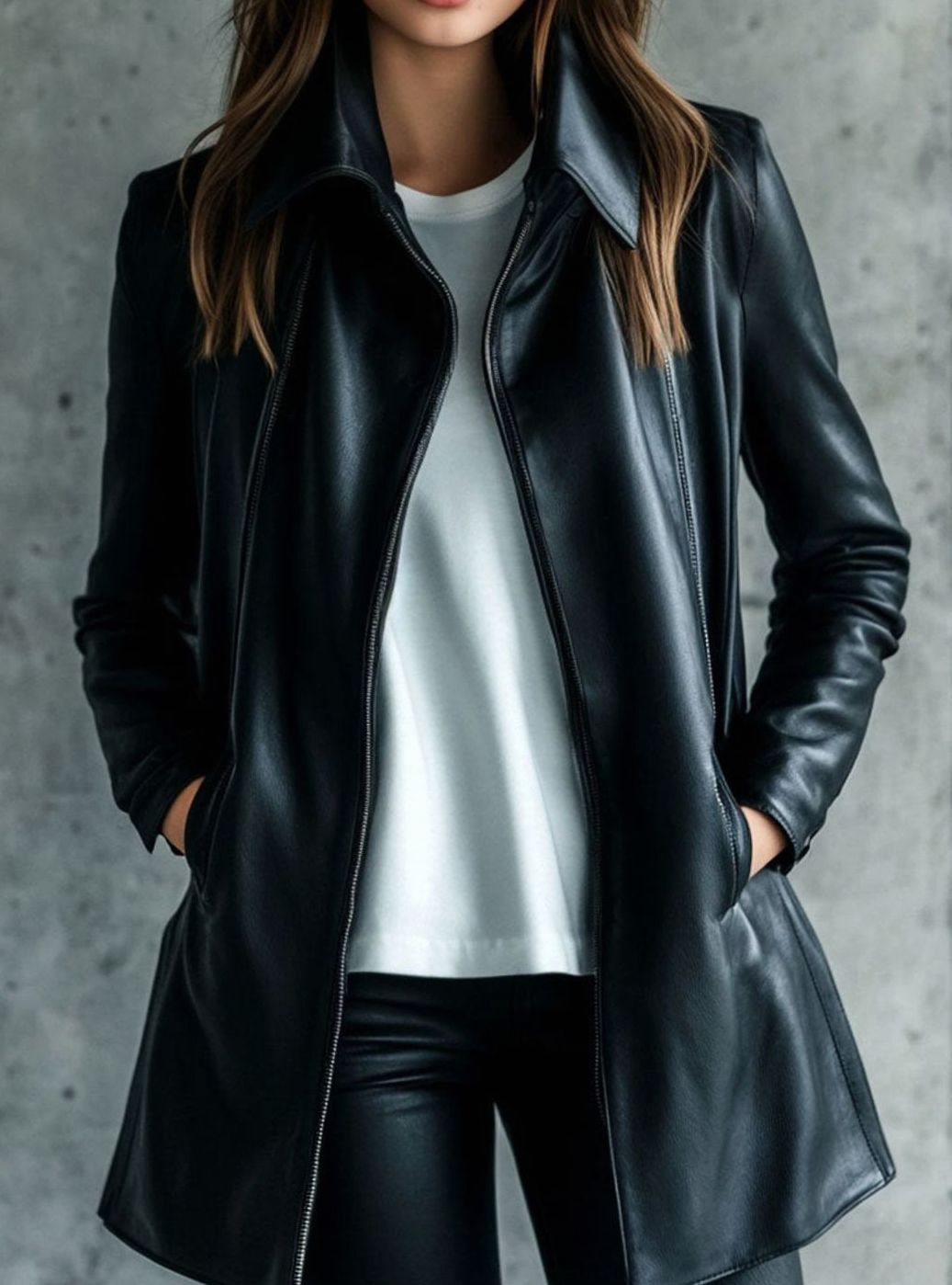 Women's Faux Leather Longline Zip-Up Biker Jacket - Black