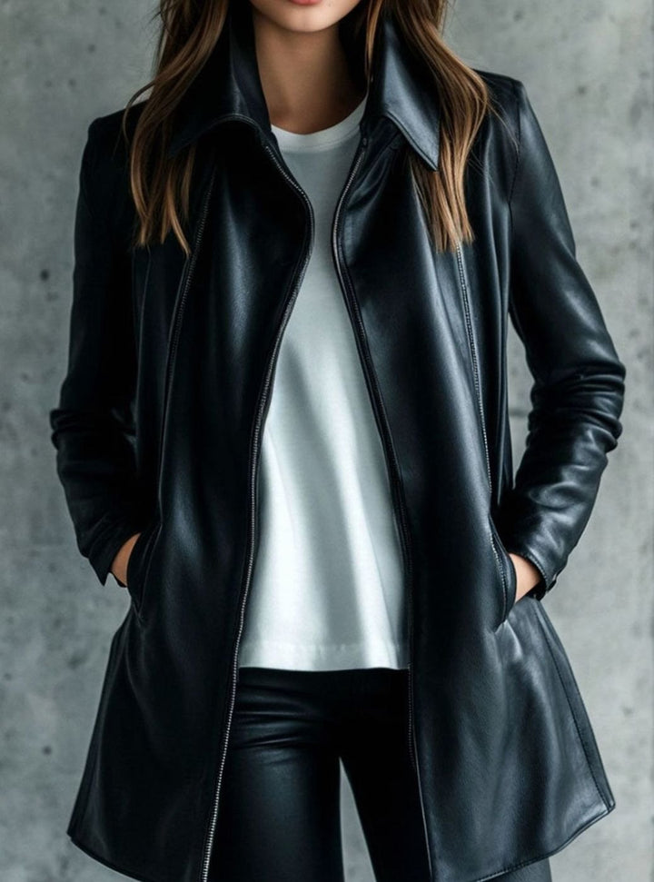Women's Faux Leather Longline Zip-Up Biker Jacket - Black
