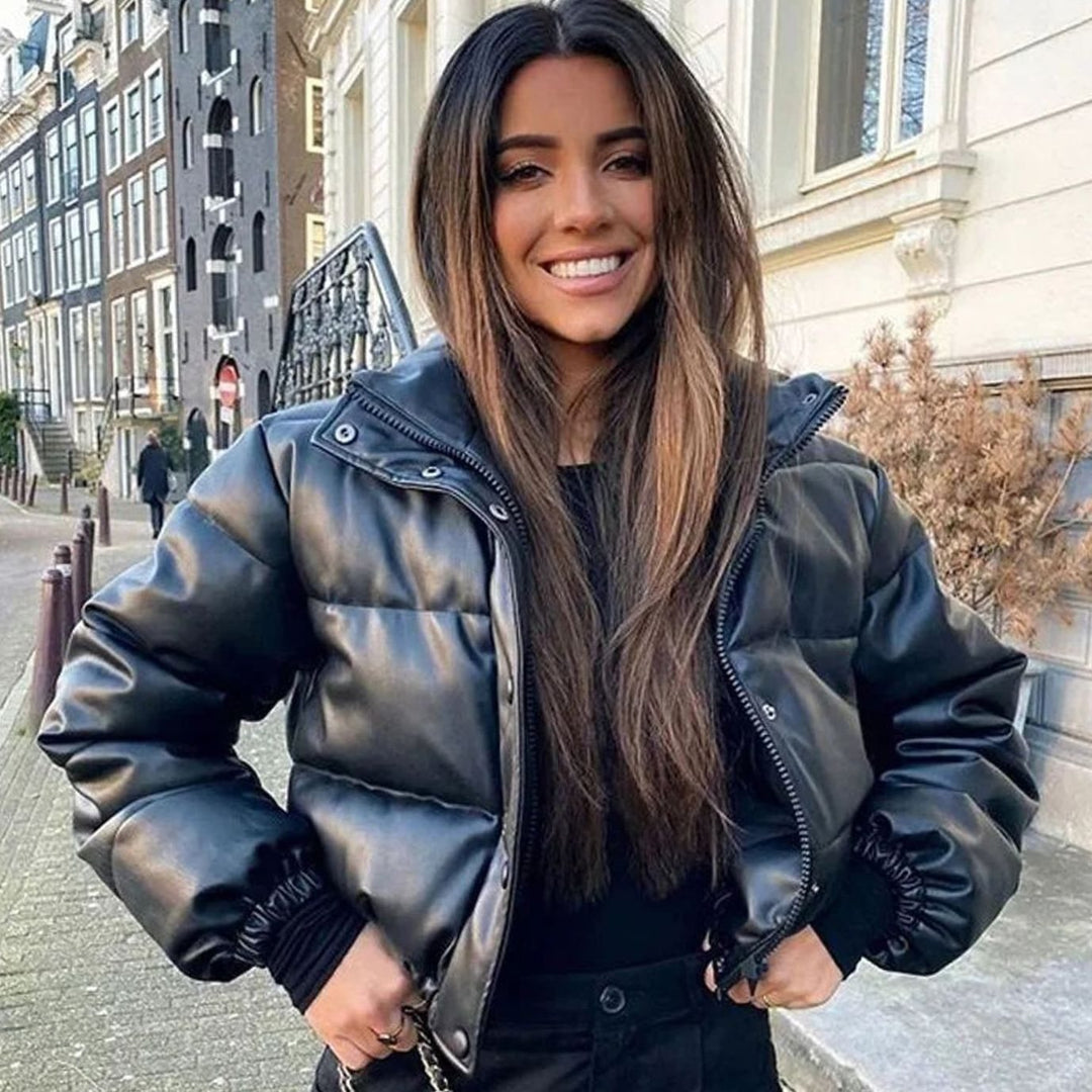 Women's Faux Leather Quilted Jacket Hooded Cropped Puffer - Black