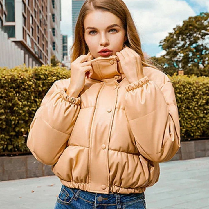 Women's Faux Leather Quilted Jacket Hooded Cropped Puffer