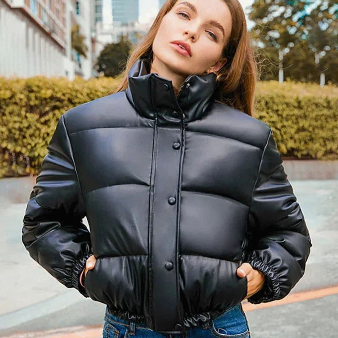 Women's Faux Leather Quilted Jacket Hooded Cropped Puffer