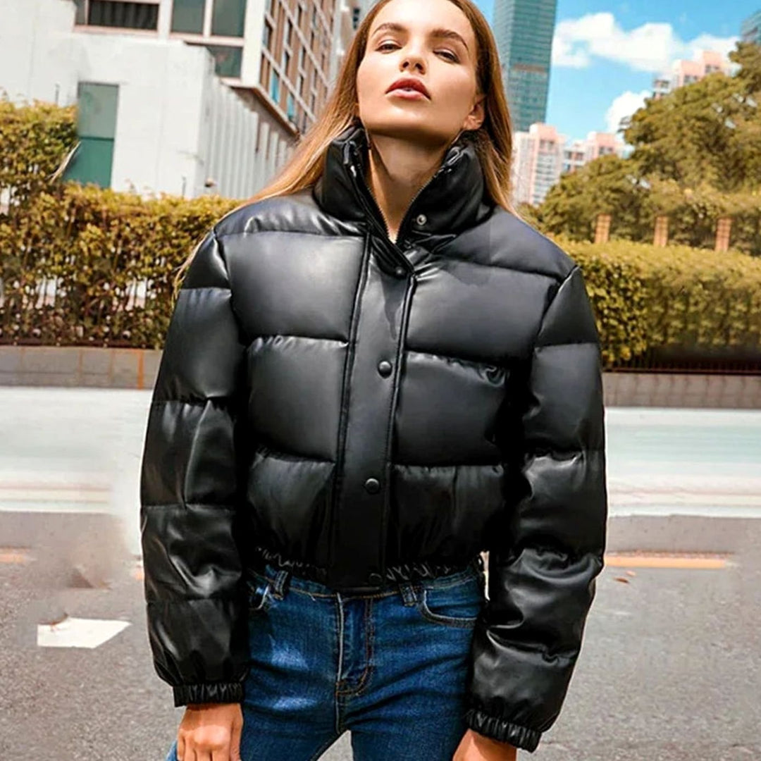 Women's Faux Leather Quilted Jacket Hooded Cropped Puffer