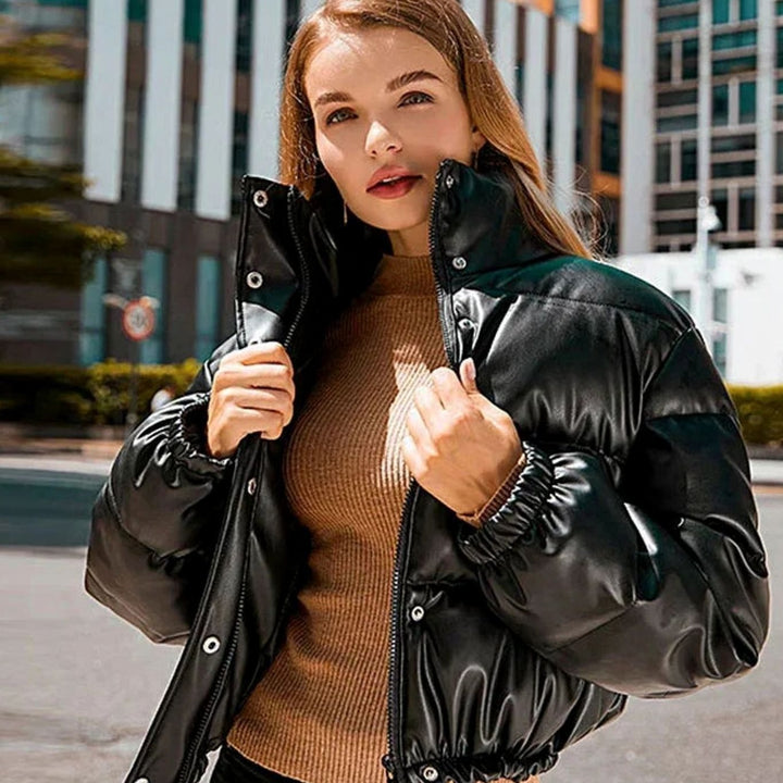 Women's Faux Leather Quilted Jacket Hooded Cropped Puffer