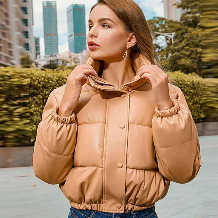 Women's Faux Leather Quilted Jacket Hooded Cropped Puffer - Khaki