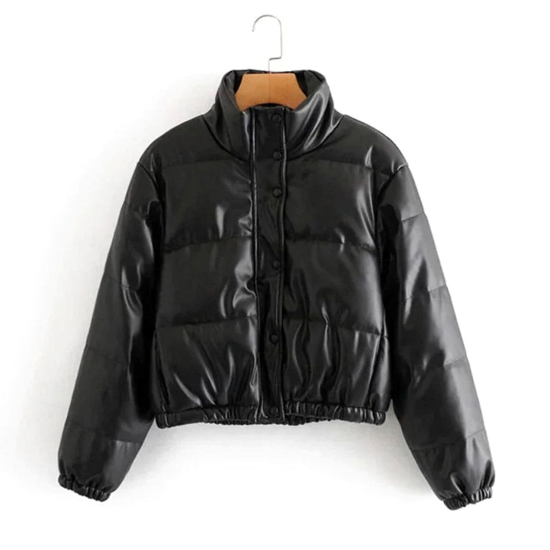 Women's Faux Leather Quilted Jacket Hooded Cropped Puffer