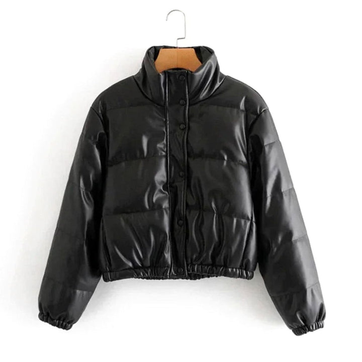 Women's Faux Leather Quilted Jacket Hooded Cropped Puffer