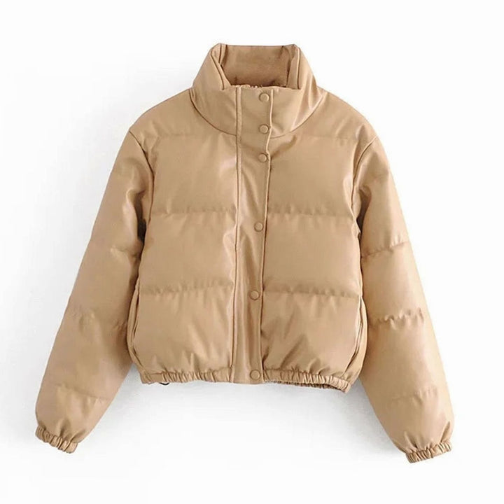 Women's Faux Leather Quilted Jacket Hooded Cropped Puffer