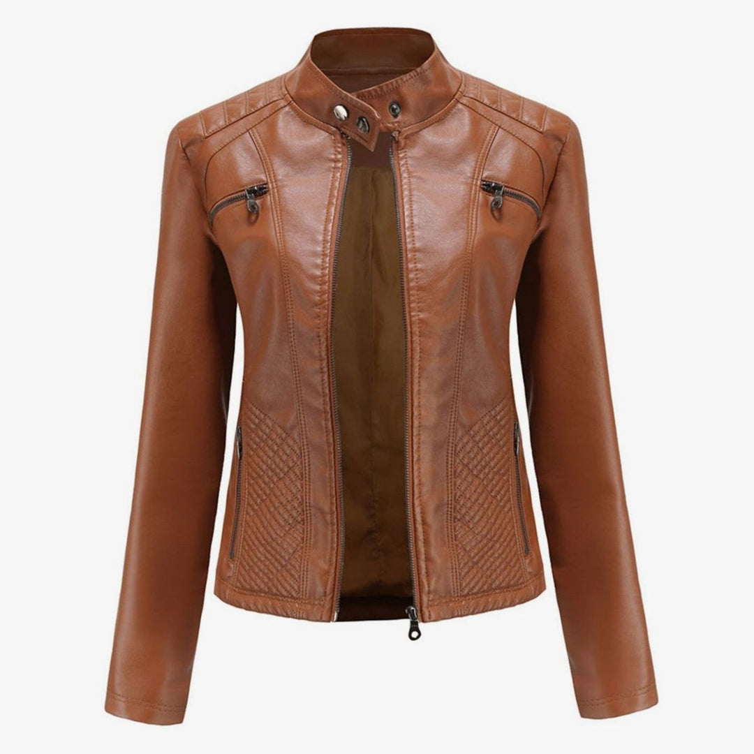 Women's Faux Leather Quilted Zip-Up Biker Jacket - Camel