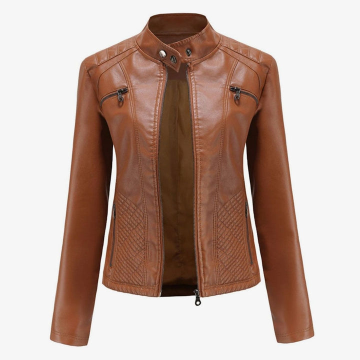 Women's Faux Leather Quilted Zip-Up Biker Jacket - Camel