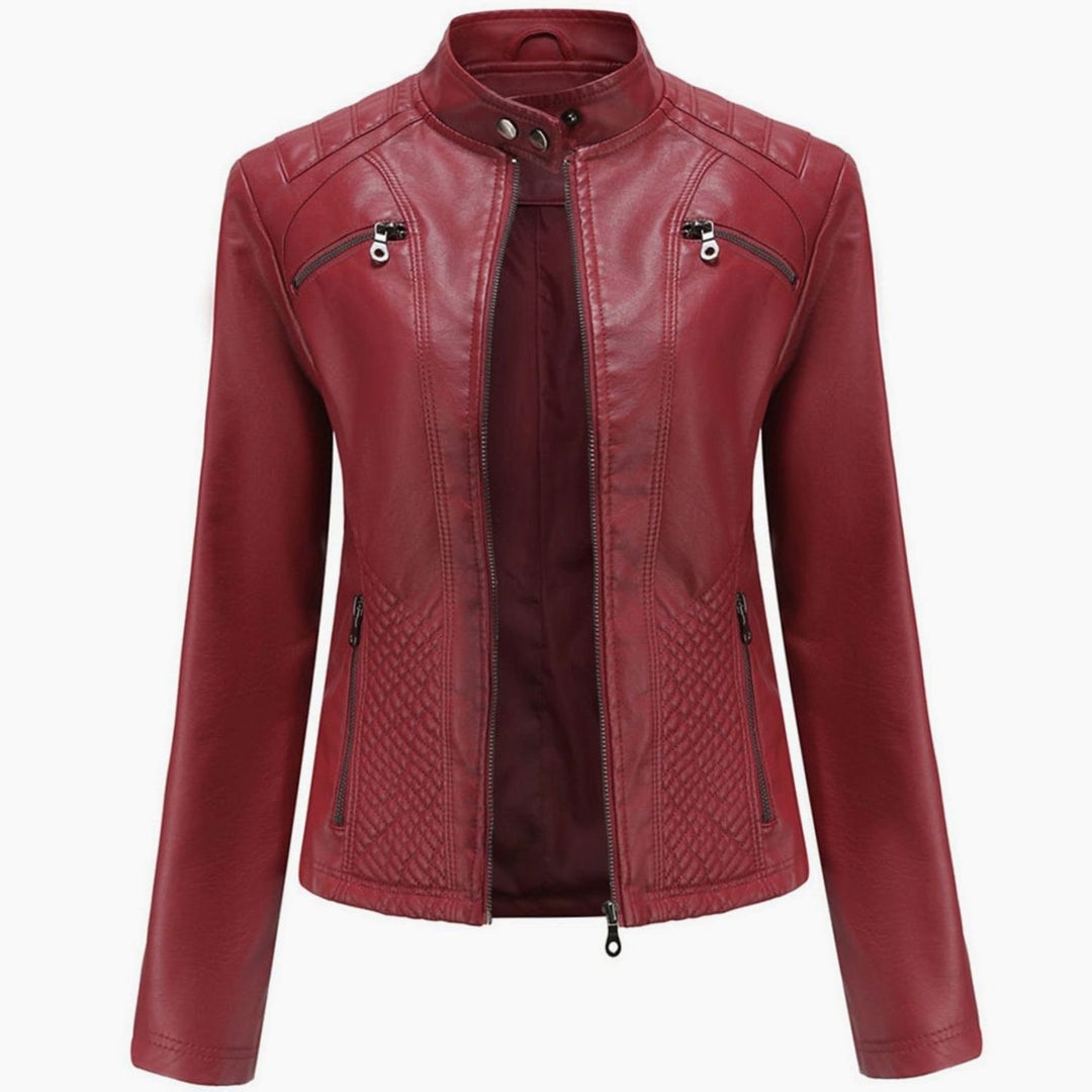 Women's Faux Leather Quilted Zip-Up Biker Jacket - Burgundy