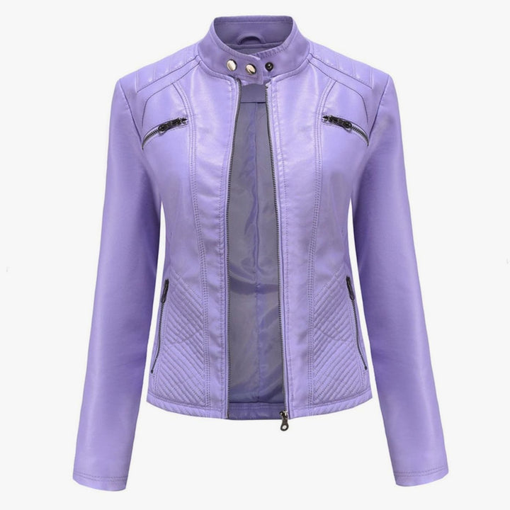 Women's Faux Leather Quilted Zip-Up Biker Jacket - Purple