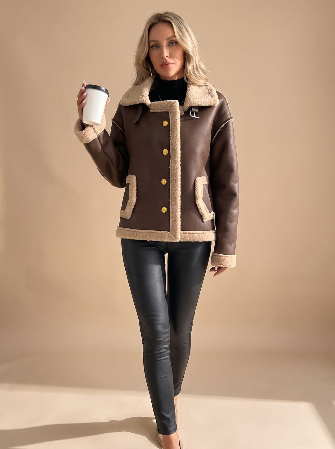Women's Faux Leather Sherpa-Lined Button-Front Aviator Jacket, Brown - Brown