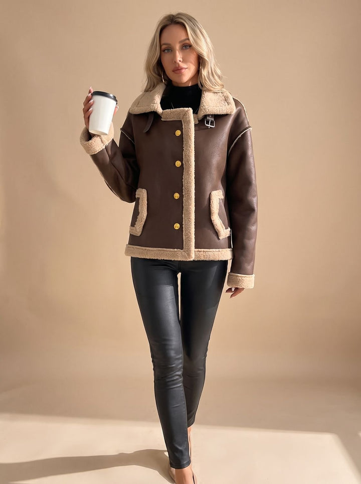 Women's Faux Leather Sherpa-Lined Button-Front Aviator Jacket, Brown - Brown
