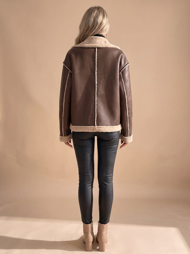 Women's Faux Leather Sherpa-Lined Button-Front Aviator Jacket, Brown