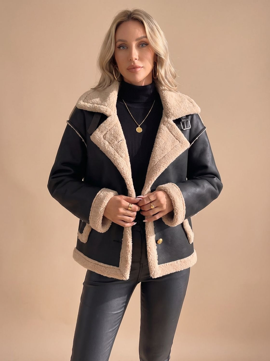 Women's Faux Leather Sherpa-Lined Button-Front Aviator Jacket, Brown