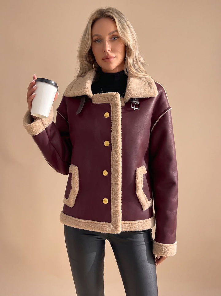 Women's Faux Leather Sherpa-Lined Button-Front Aviator Jacket, Brown