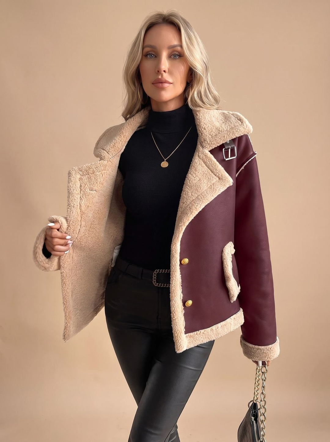 Women's Faux Leather Sherpa-Lined Button-Front Aviator Jacket, Brown