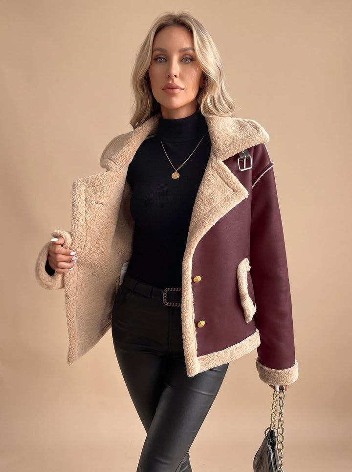 Women's Faux Leather Sherpa-Lined Button-Front Aviator Jacket, Brown