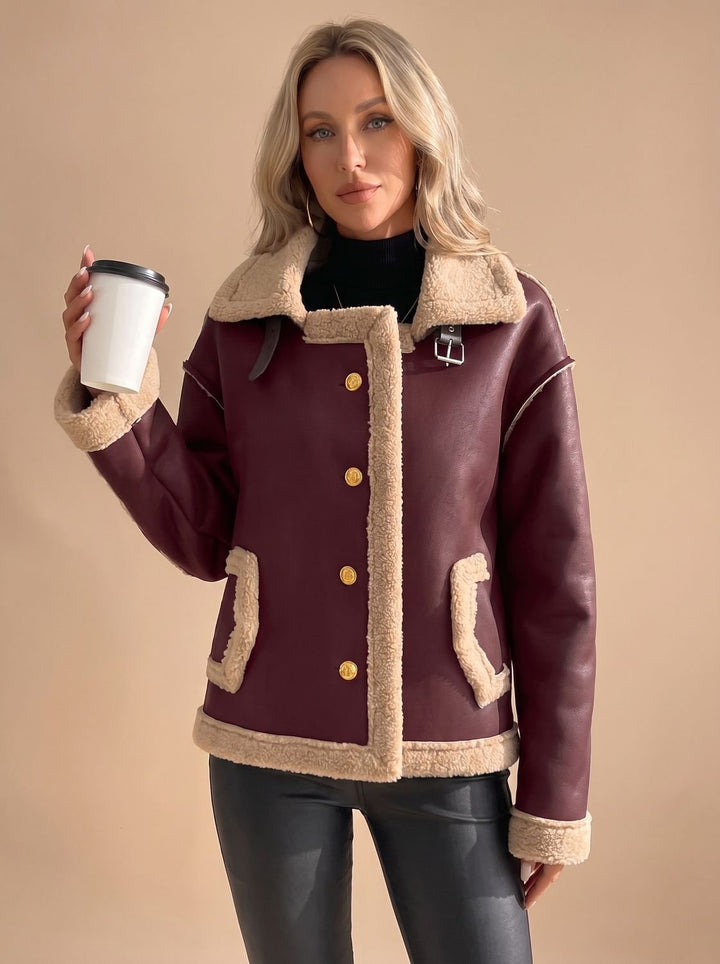 Women's Faux Leather Sherpa-Lined Button-Front Aviator Jacket, Brown - Red