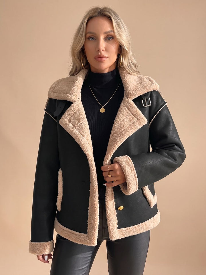 Women's Faux Leather Sherpa-Lined Button-Front Aviator Jacket, Brown - Black