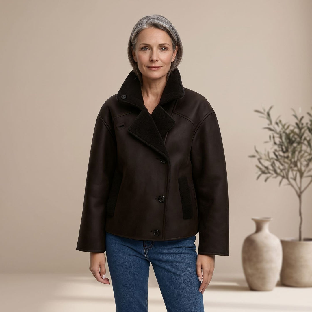 Women's Faux Leather Sherpa-Lined Oversized Button-Front Jacket