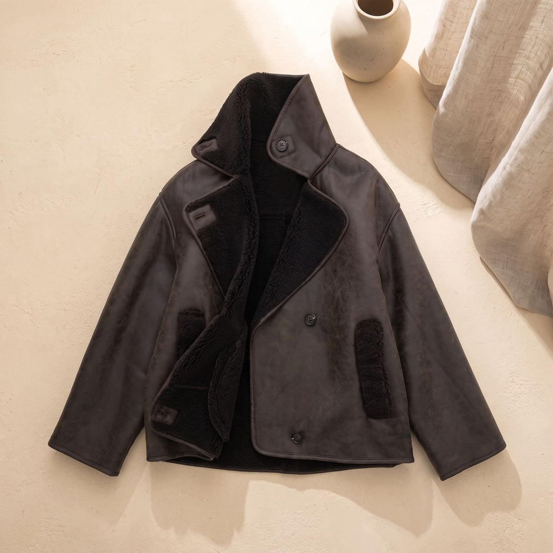 Women's Faux Leather Sherpa-Lined Oversized Button-Front Jacket