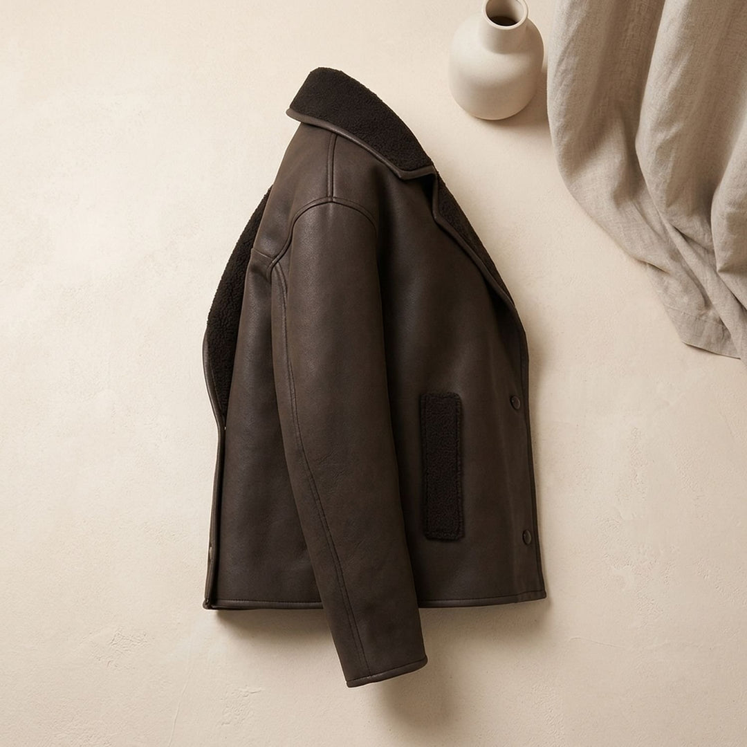 Women's Faux Leather Sherpa-Lined Oversized Button-Front Jacket
