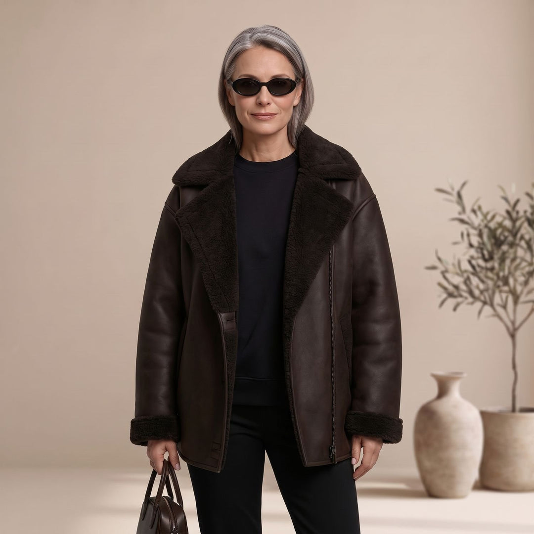 Women's Faux Leather Sherpa-Lined Oversized Button-Front Jacket