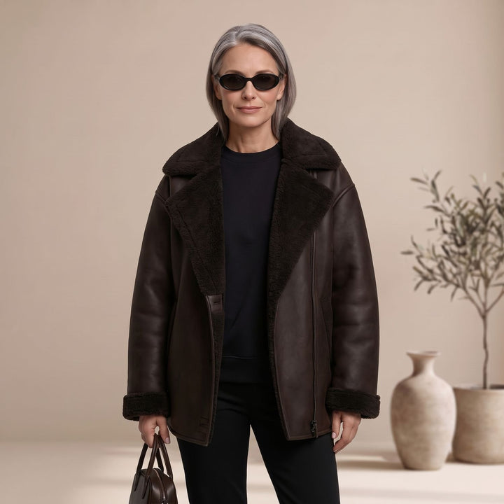 Women's Faux Leather Sherpa-Lined Oversized Button-Front Jacket