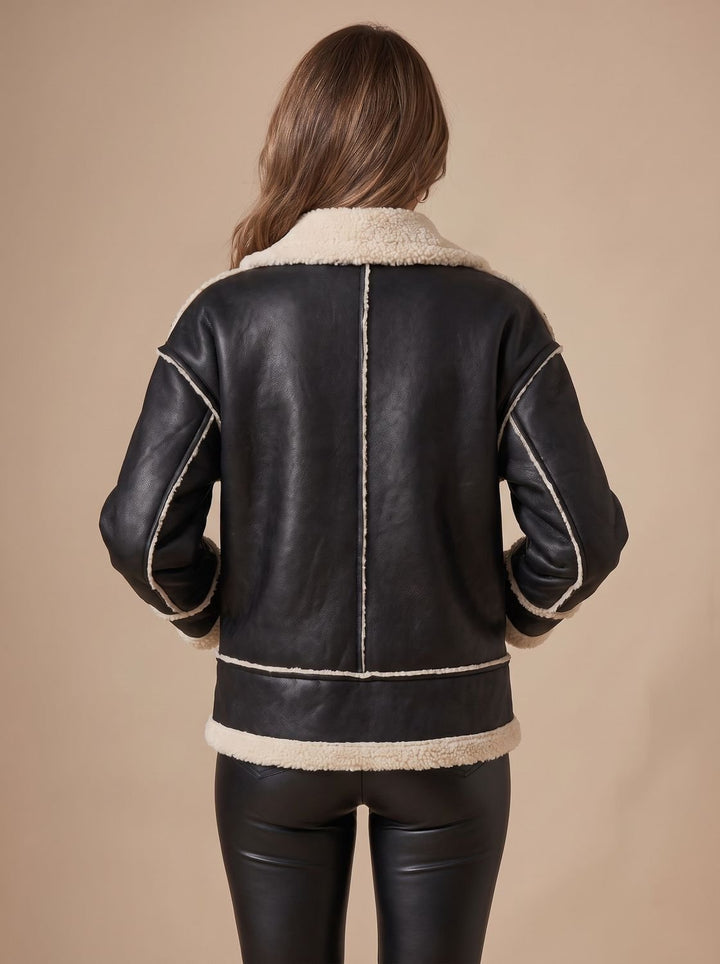 Women's Faux Leather Sherpa-Lined Zip-Up Aviator Jacket, Black