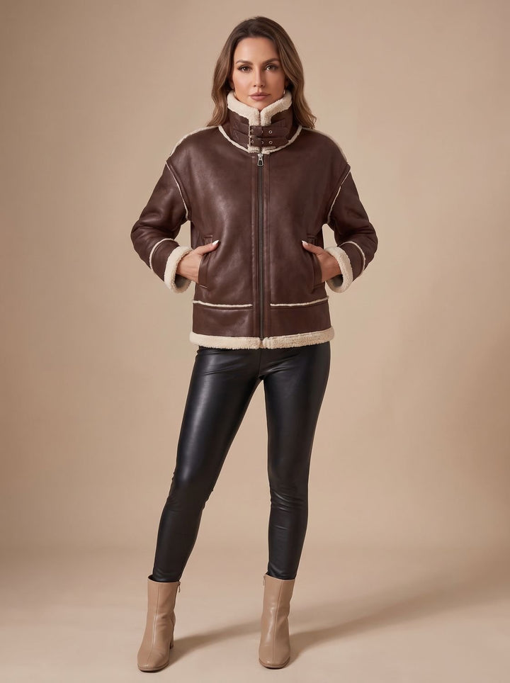 Women's Faux Leather Sherpa-Lined Zip-Up Aviator Jacket, Black