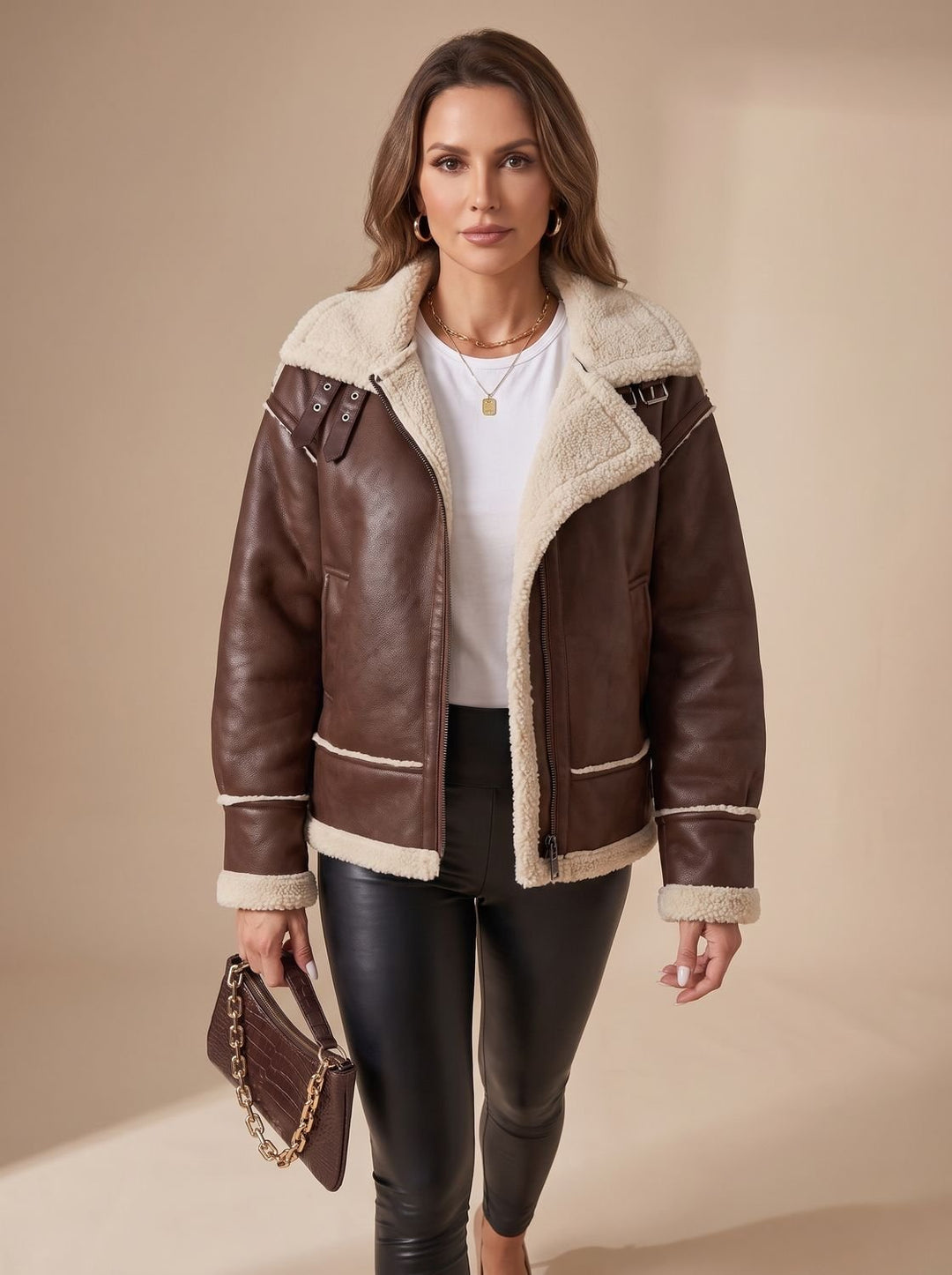 Women's Faux Leather Sherpa-Lined Zip-Up Aviator Jacket, Black