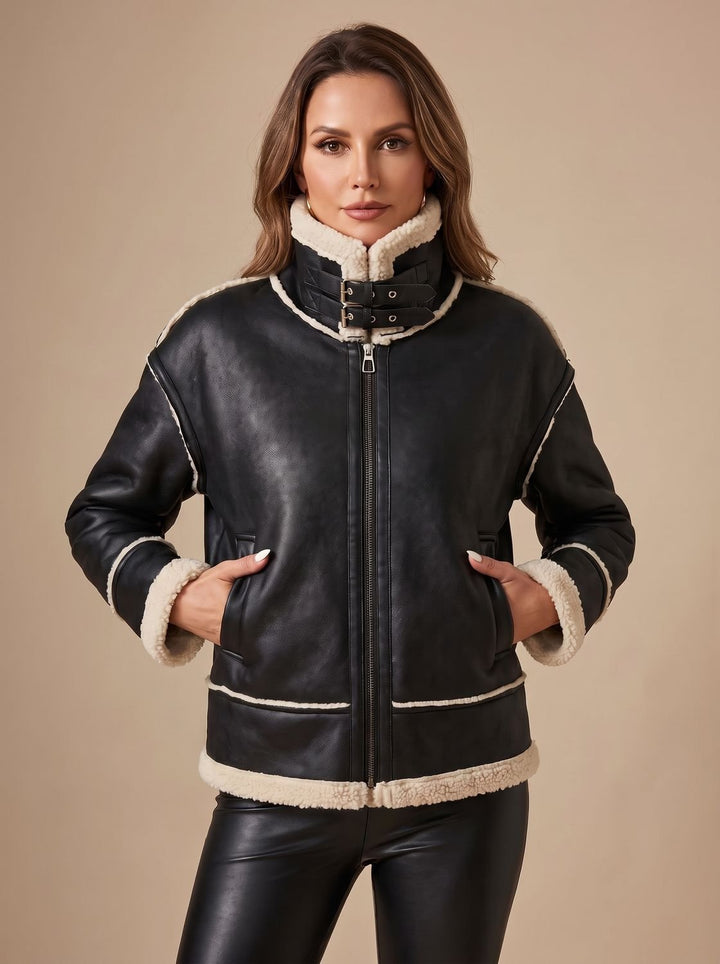 Women's Faux Leather Sherpa-Lined Zip-Up Aviator Jacket, Black - Black