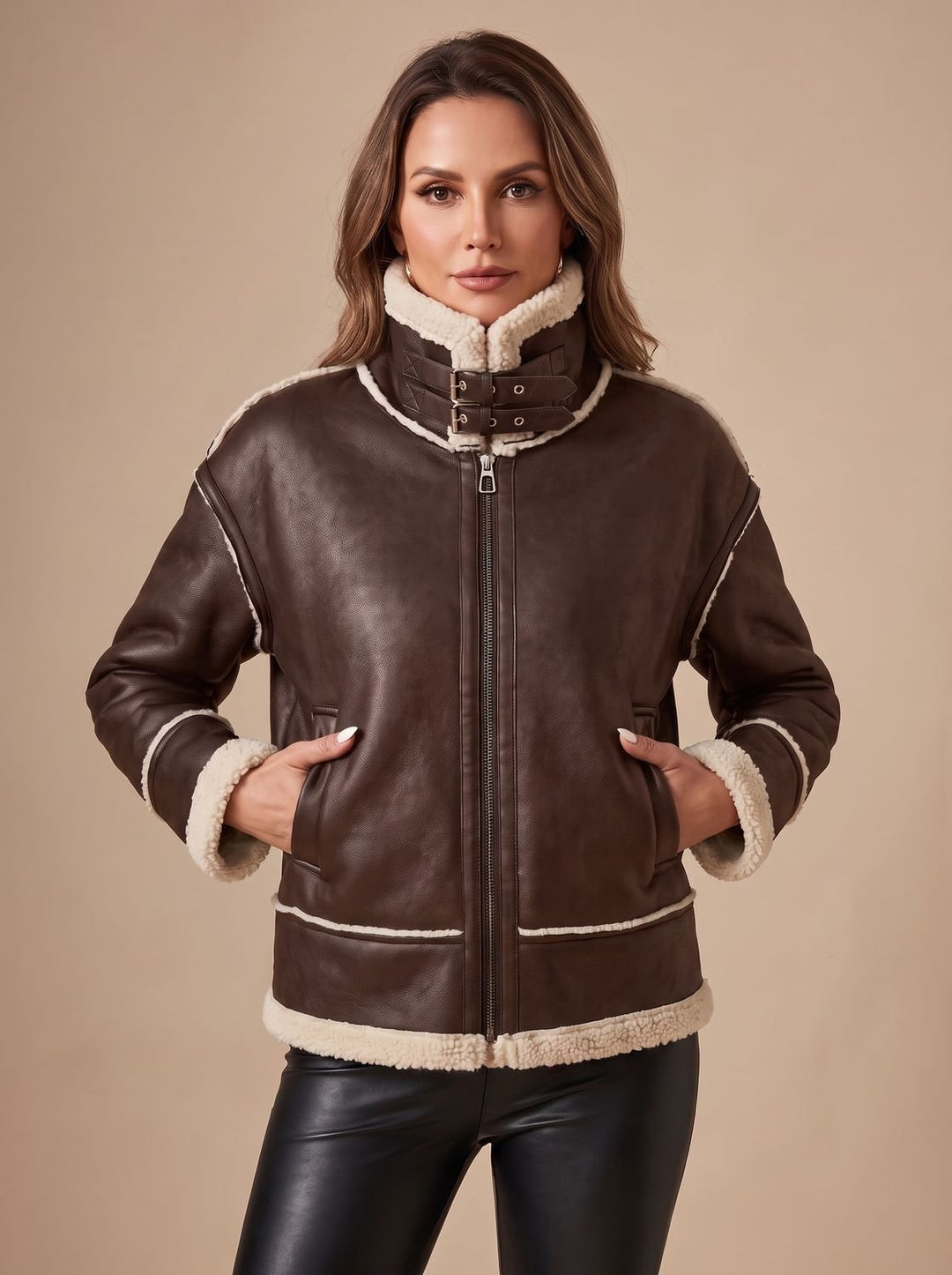 Women's Faux Leather Sherpa-Lined Zip-Up Aviator Jacket, Black - Brown