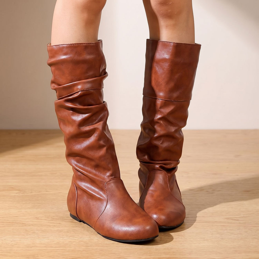 Women's Faux Leather Slouch Knee High Boots Flat Pull-On