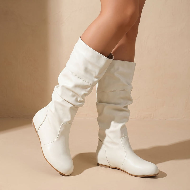 Women's Faux Leather Slouch Knee High Boots Flat Pull-On