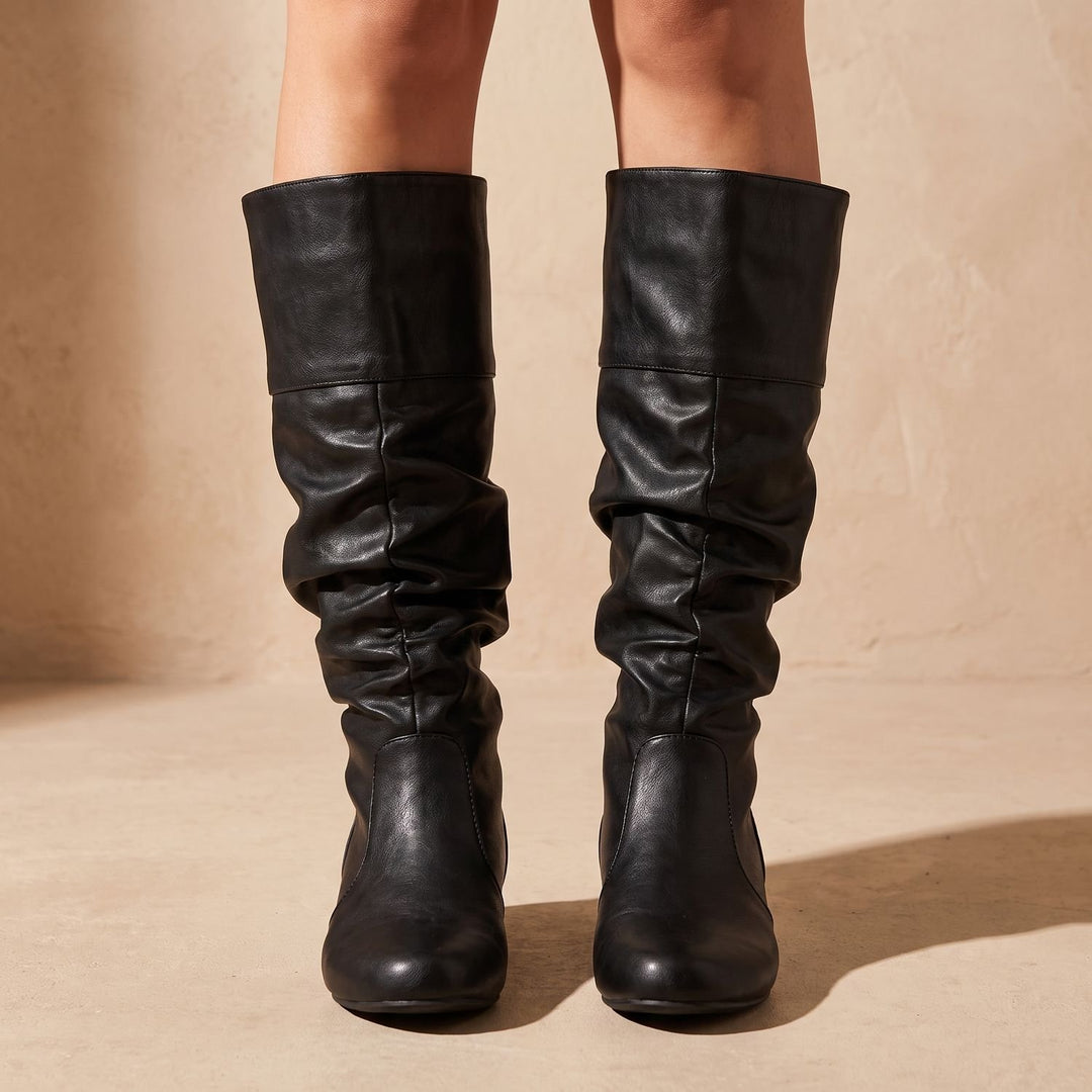 Women's Faux Leather Slouch Knee High Boots Flat Pull-On