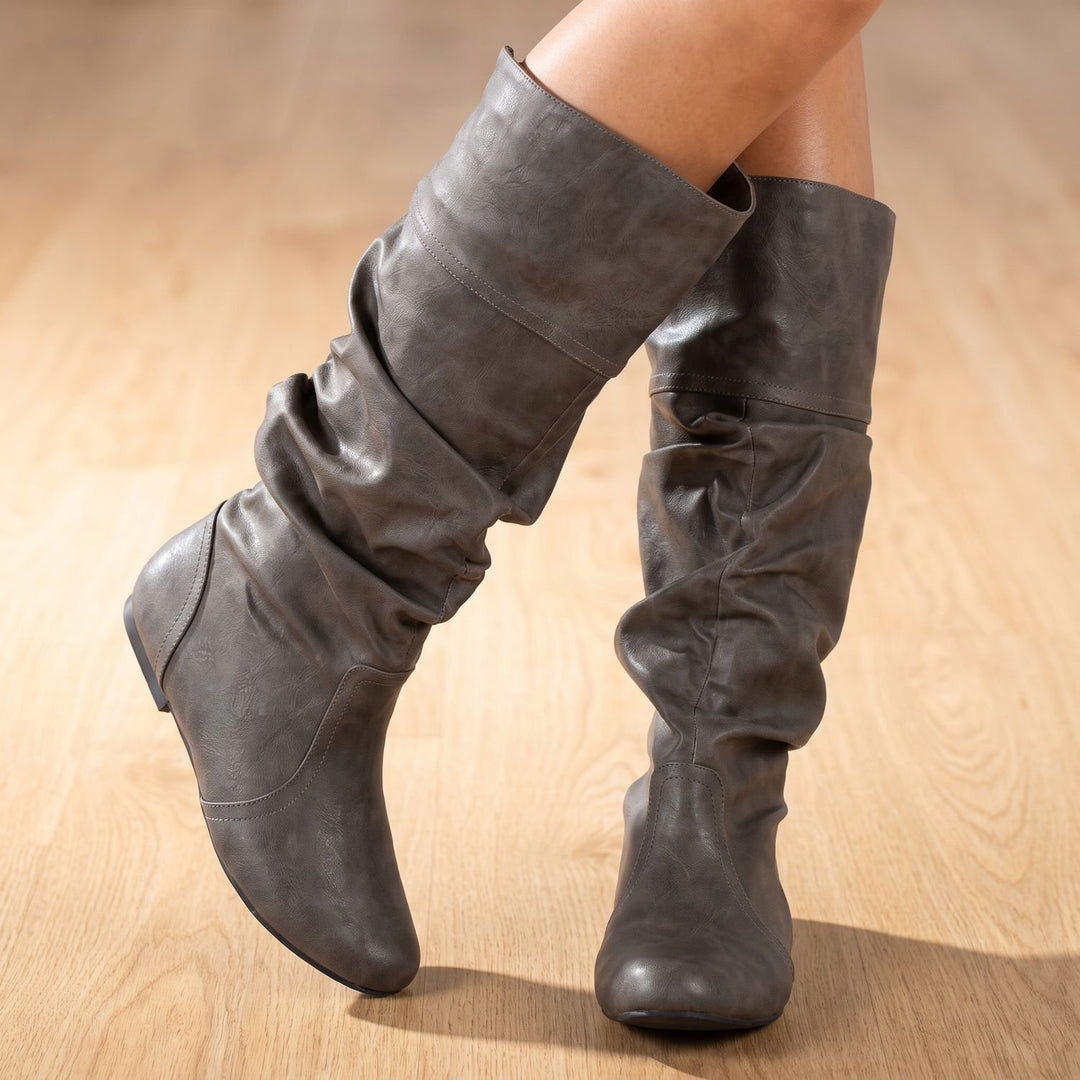 Women's Faux Leather Slouch Knee High Boots Flat Pull-On