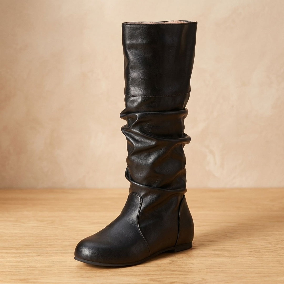 Women's Faux Leather Slouch Knee High Boots Flat Pull-On
