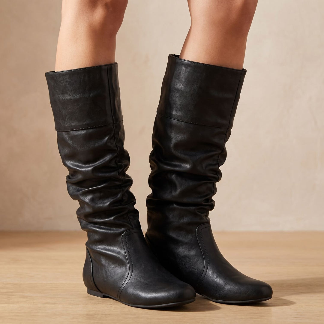 Women's Faux Leather Slouch Knee High Boots Flat Pull-On - Black