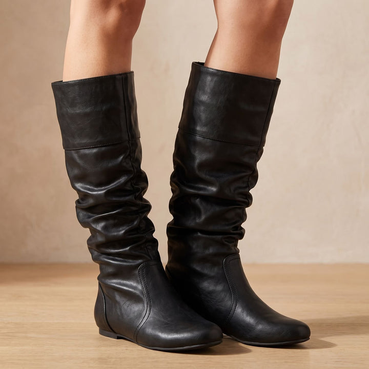 Women's Faux Leather Slouch Knee High Boots Flat Pull-On - Black