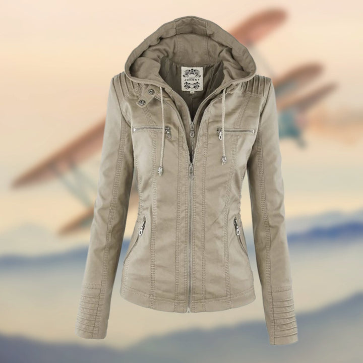 Women's Faux Leather Zip-Up Moto Biker Jacket - Beige