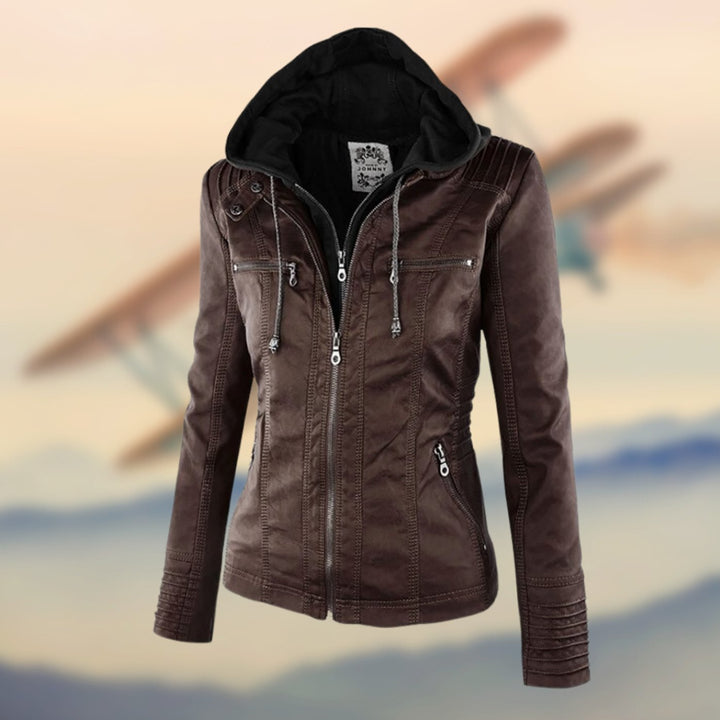 Women's Faux Leather Zip-Up Moto Biker Jacket - Brown