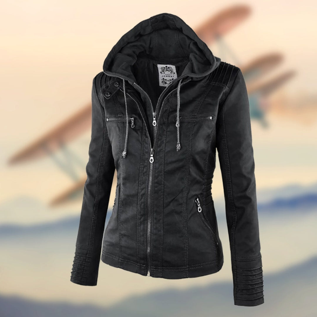 Women's Faux Leather Zip-Up Moto Biker Jacket - Black