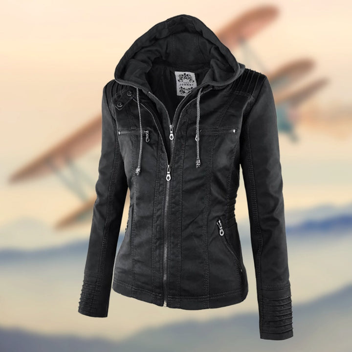Women's Faux Leather Zip-Up Moto Biker Jacket - Black