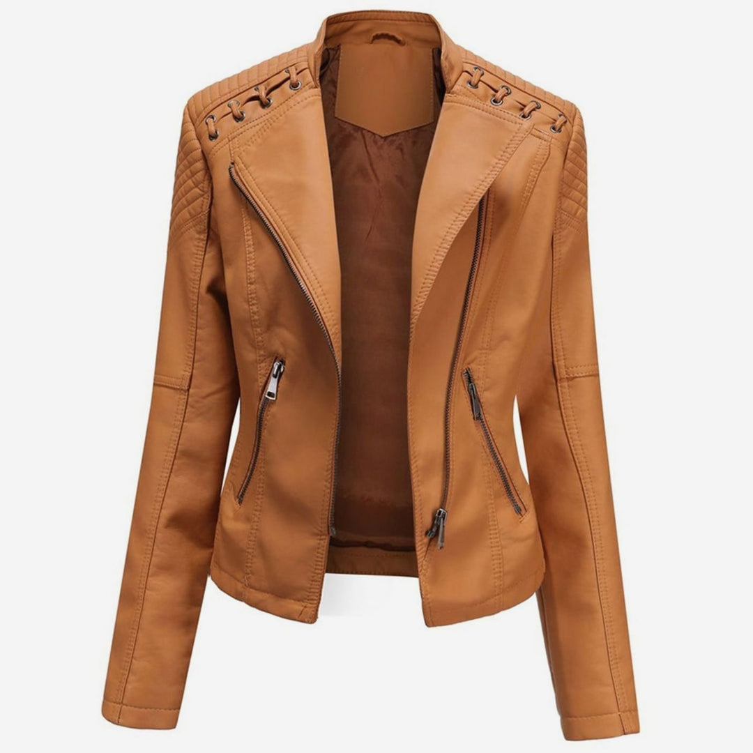 Women's Faux Leather Zipper Front Jacket Quilted Shoulder Moto - Camel