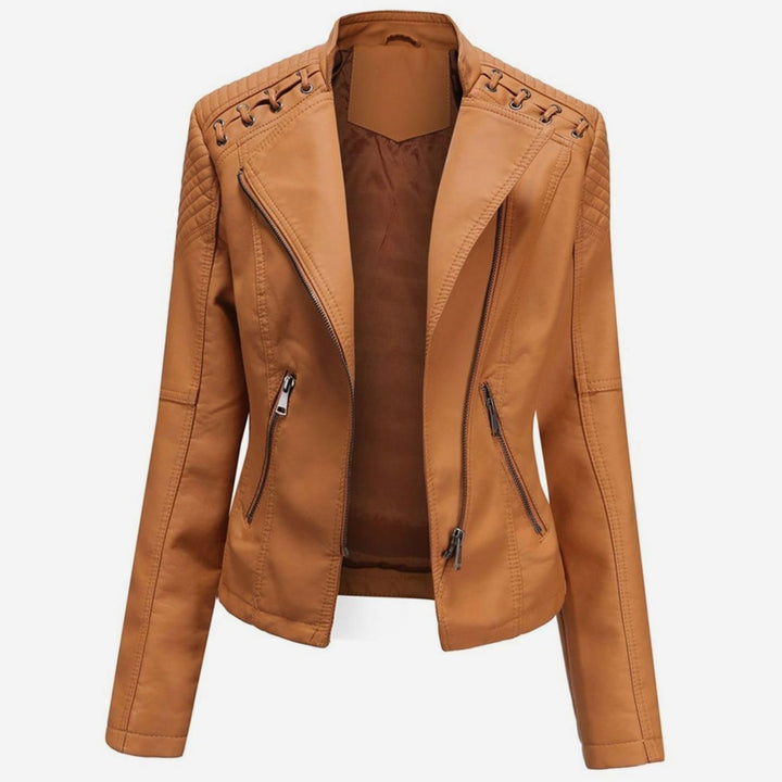 Women's Faux Leather Zipper Front Jacket Quilted Shoulder Moto - Camel