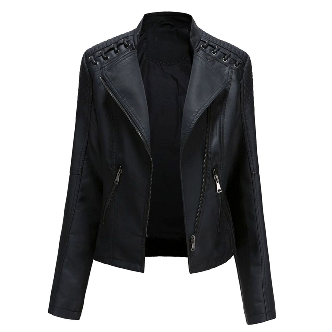 Women's Faux Leather Zipper Front Jacket Quilted Shoulder Moto - Black